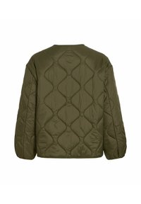 Veste matelassée vert olive à manches longues avec motif cousu ondulé montrée de dos sur fond blanc.