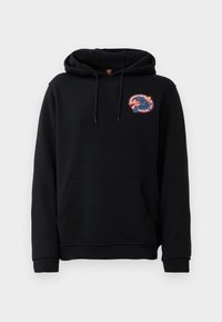 Zwarte hoodie met een kangoeroezak, een capuchon met trekkoorden en een gekleurde grafische patch op de linkerborst met een vis en tekst.