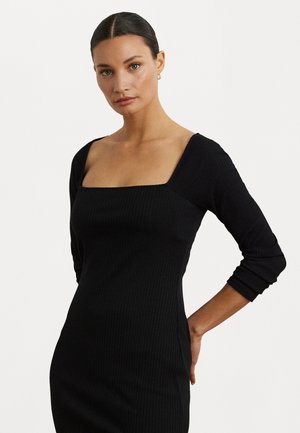 Rib Knit Long Sleeve Midi Dress - Robe pull - black