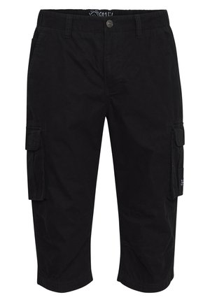 Czarne szorty cargo z bawełny, z bocznymi kieszeniami, z zapięciem na guzik i lekko teksturowaną powierzchnią. Casualowy, do kolan krój.