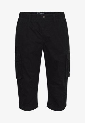 Mustat cargo-shortsit, jotka on valmistettu puuvillasta ja joissa on sivutaskut, nappikiinnitys sekä hieman teksturoitu pinta. Rentoa, polven pituista muotoilua.