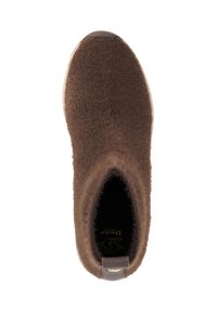 Brown wool slip-on shoe with a rounded toe, soft textured upper, and flat rubber sole. Features a small brown pull tab at the back.