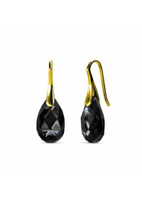 Orecchini a goccia in cristallo nero con design sfaccettato, ganci in metallo tono oro, forma a goccia e finitura lucida, caratterizzati da una superficie riflettente.