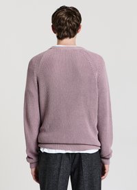 Maglione di colore viola chiaro lavorato a maglia con trama a coste, scollo tondo e maniche lunghe. Visto da dietro, abbinato a pantaloni grigio scuro.
