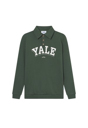 Green long-sleeve polo sweatshirt with a collared neck, three buttons, and white "YALE" print across the front. Soft fabric texture.