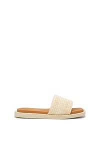 Sandale slide avec semelle beige et large bride tissée beige sur le dessus, conçue pour une utilisation décontractée.