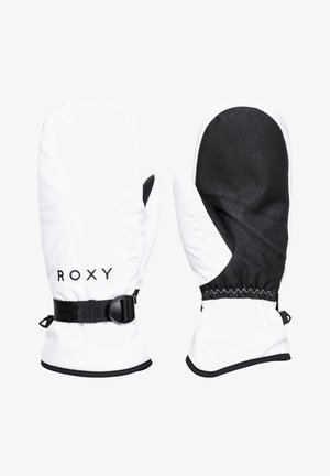 Hvite votter med svart håndflate, med Roxy-merke. Laget av vanntett materiale, med justerbare håndleddsremmer og elastiske mansjetter for en tett passform.