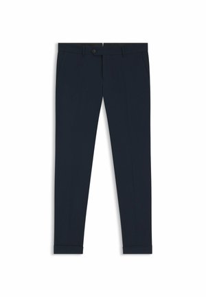 Pantaloni sartoriali blu navy realizzati in un tessuto liscio, con due tasche laterali, chiusura con bottone e design a gamba leggermente affusolata.