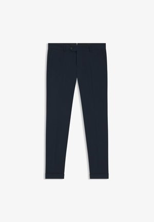 Pantaloni sartoriali blu navy realizzati in un tessuto liscio, con due tasche laterali, chiusura con bottone e design a gamba leggermente affusolata.