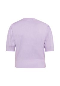 Svetr s krátkým rukávem v odstínu levandulové, měkké struktury, s ribovanými manžetami a lemem, s nařasením na ramenních švech.