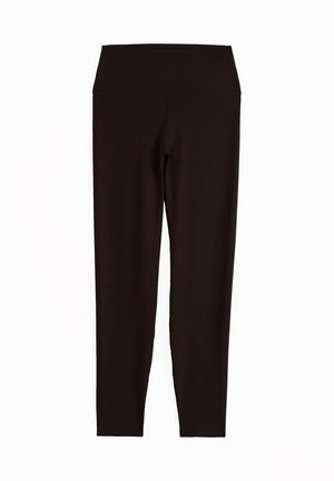 Schwarze Leggings mit hoher Taille und voller Länge mit glattem Bund, entworfen für sportliche oder lässige Kleidung.