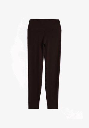 Schwarze Leggings mit hoher Taille und voller Länge mit glattem Bund, entworfen für sportliche oder lässige Kleidung.