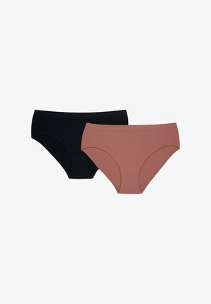 Two pairs of women's briefs: one black and one earthy pink, made from soft fabric, featuring a smooth waistband and full coverage design.