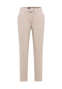 Beige kalhoty na gumu vyrobené z hladké tkaniny, s elastickým pasem se šňůrkou, bočními kapsami a zúženými nohavicemi.