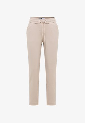 Beige instapbroek van gladde stof, met een elastische tailleband met trekkoord, zijzakken en taps toelopende benen.