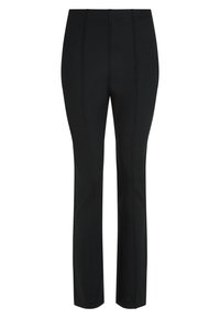 Pantalons noirs en tissu lisse, au design ajusté, avec des coutures verticales sur le devant pour un look structuré.