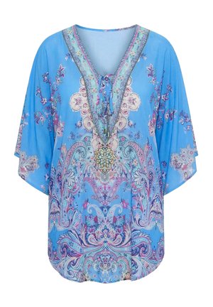Modrý tunikový top s rukávy ke loktům, květinové a paisley vzory v růžové, fialové a bílé barvě, výstřih do V se šněrovacím detailem s krajkou.