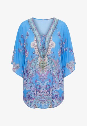 Blaue Tunika mit ellbogenlangen Ärmeln, floralen und Paisley-Mustern in Pink, Lila und Weiß, V-Ausschnitt mit Schnürdetail.