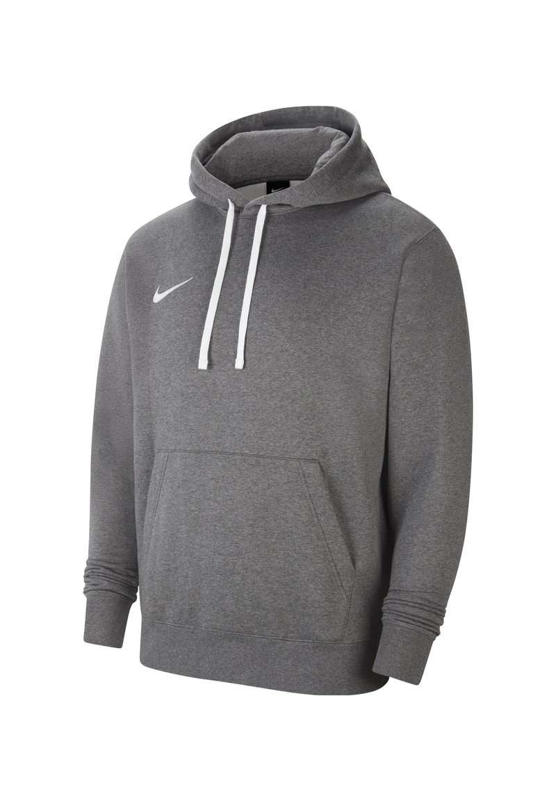 Grauer Pullover Hoodie aus Baumwoll-Mischgewebe. Verfügt über eine Kängurutasche, weiße Kordeln und ein weißes Nike-Logo auf der Brust.