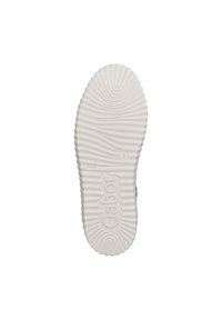 Semelle de chaussure en caoutchouc blanc avec texture rainurée, arborant le logo "Gabor". Le design comprend un motif ondulé pour une meilleure adhérence.