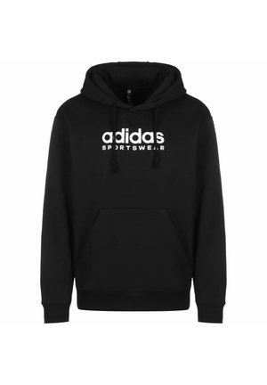Sweat à capuche noir en coton avec poche kangourou, arborant un logo "adidas" blanc et une capuche à cordon; poignets et ourlet côtelés.