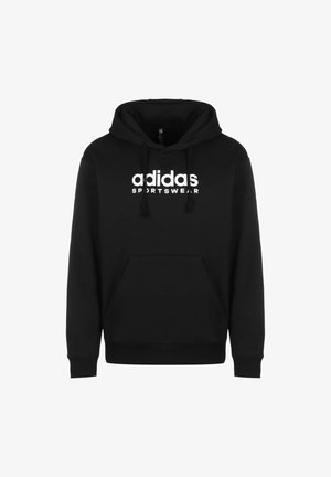 Sweat à capuche noir en coton avec poche kangourou, arborant un logo "adidas" blanc et une capuche à cordon; poignets et ourlet côtelés.