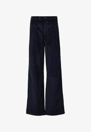 Marineblauwe corduroy wijde broek met een knoopsluiting, voorzakken en opgerolde mouwen. Zachte textuur en gladde afwerking.