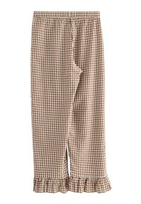 Brune og hvide ternede bukser i gingham med elastisk talje og bølgede afslutninger.