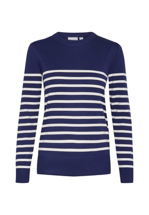 Navy sweater with white horizontal stripes, round neckline, and long sleeves. Ribbed cuffs and hem. Soft knit fabric with a smooth texture.