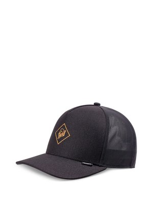 Black mesh trucker cap with a curved bill and orange octopus logo inside a diamond shape on the front panel.