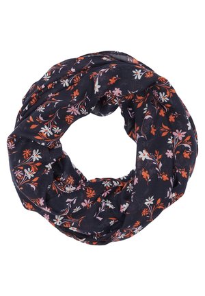 Écharpe circulaire bleu marine avec des motifs floraux en blanc, orange et rose, disposée en boucle sur un fond blanc.