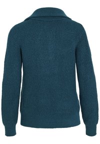 Pull en maille côtelée teal avec un col rabattu et des manches longues. Le dos présente une texture et une silhouette légèrement ajustée.