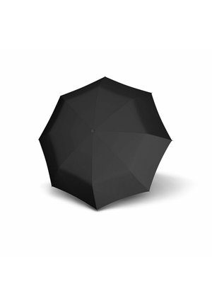 Black umbrella fully opened, viewed from above, isolated on white background.