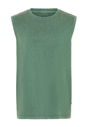 Mouwloos tanktop met ronde hals in effen vervaagde groene kleur, met ruwe rand bij de mouwopeningen en een rechte zoom.