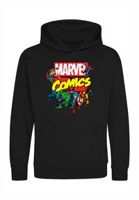 Felpa nera con cappuccio caratterizzata da una stampa grafica colorata con il testo "MARVEL Comics" e personaggi iconici come Iron Man e Hulk. Materiale in cotone.