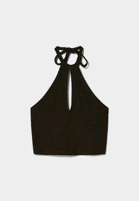 Svart halterneck crop top med en nyckelhålsutskärning framtill, med knytning i nacken. Slätt tyg med en figurnära passform.