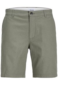 Pantaloni corti verde oliva con frontale piatto, chiusura a bottone e zip. Realizzati in un tessuto leggero con una consistenza liscia.