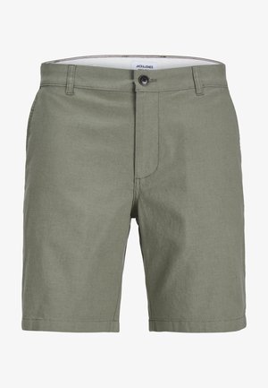 Olivgrüne Shorts mit flachem Vorderteil, Knopfverschluss und Reißverschluss. Hergestellt aus einem leichten Stoff mit glatter Textur.