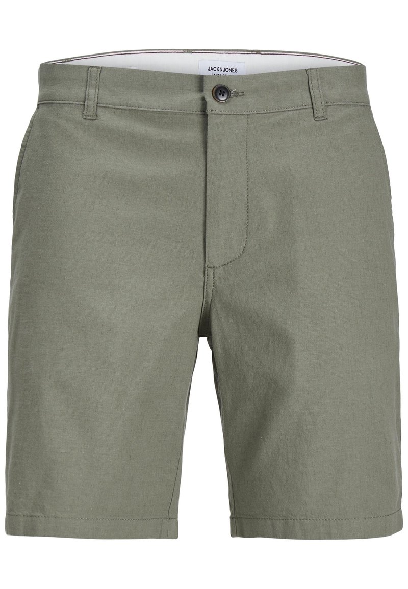 Pantaloni corti verde oliva con frontale piatto, chiusura a bottone e zip. Realizzati in un tessuto leggero con una consistenza liscia.