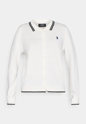White long-sleeve button-up cardigan with black trim on collar, cuffs, and hem, and a small dark blue embroidered horse logo on the chest.