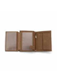 Brown leather wallet open, featuring multiple card slots, a zipper pocket, and transparent ID windows. Smooth texture, clean lines, minimal design.