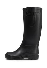 Botte de pluie en caoutchouc noir avec une finition lisse, hauteur mi-mollet, détail de boucle ajustable et semelle robuste pour une bonne adhérence.