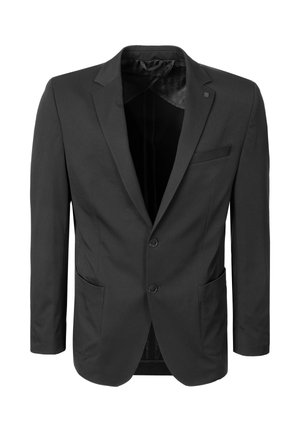 Schwarzer Herrenblazer mit Kerbkragen, zwei Knöpfen und drei Vordertaschen, abgebildet vor weißem Hintergrund.