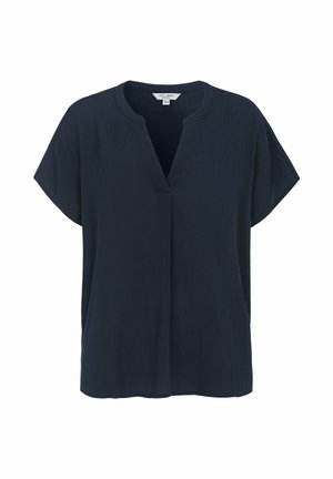 Mørk marineblå bluse med korte ærmer i tekstureret stof og rund halsudskæring med en front notch detalje.