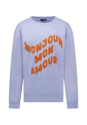 Lichtpaarse sweatshirt met raglanmouwen en een ronde hals. Bevat verhoogde oranje tekst "BONJOUR MON AMOUR" in verschillende groottes.