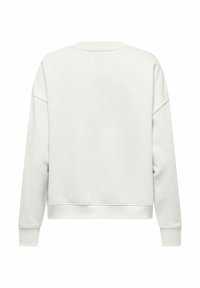 Sweat-shirt blanc avec un col rond, des épaules tombantes et des poignets côtelés. Le tissu présente une finition lisse avec une légère texture.