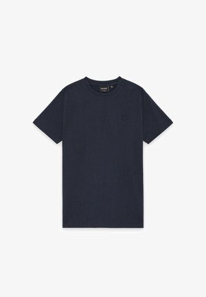 Marineblå kortærmet T-shirt i bomuld med rund halsudskæring og lille broderet logo på venstre bryst.