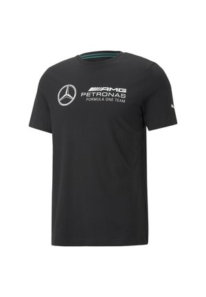 Czarna koszulka z krótkim rękawem z białymi logo AMG Petronas Formula One Team i Mercedes na piersi oraz logo Puma na rękawie.