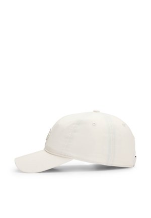 White cap with a curved brim, made of fabric. Features stitching details and ventilation holes on the sides. Classic adjustable design.