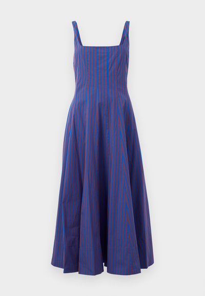 Blue and red striped dress with a square neckline, sleeveless design, and flared skirt. Made of smooth fabric with a structured shape.